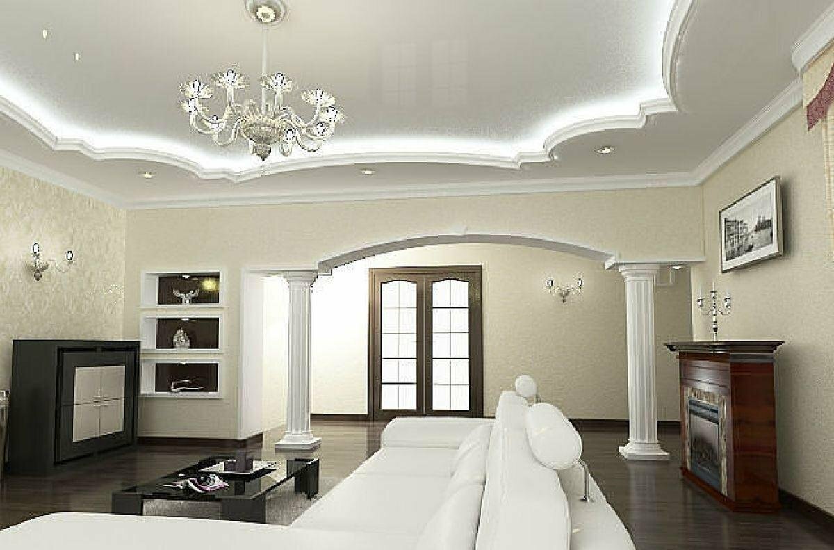 Двухуровневые потолки из гипсокартона: фото гостиной, спальни, кухни
