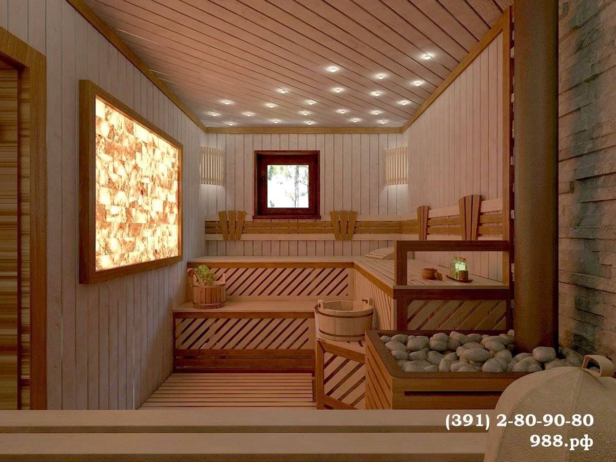 современный интерьер бани с комнатой отдыха внутри