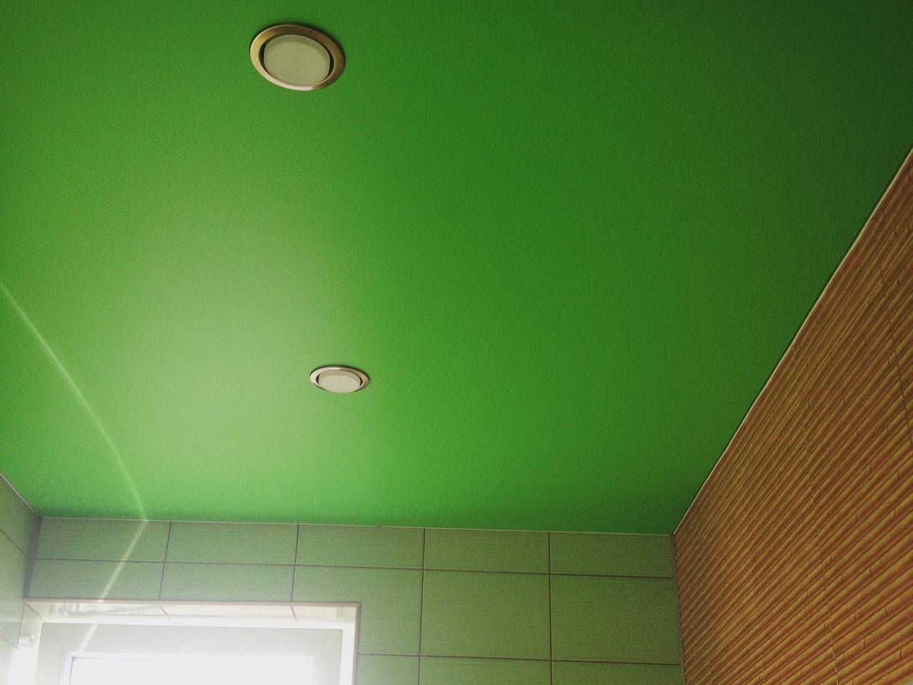 Зеленый натяжной потолок в интерьере (100+ фото)