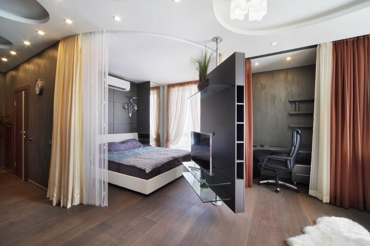 Спальня и кабинет в одной комнате: зонирование, выбор мебели, стили интерьера
