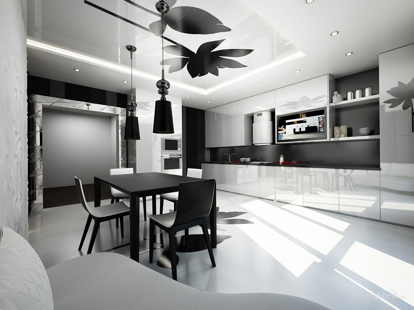 Кухня гостиная в бело черных тонах