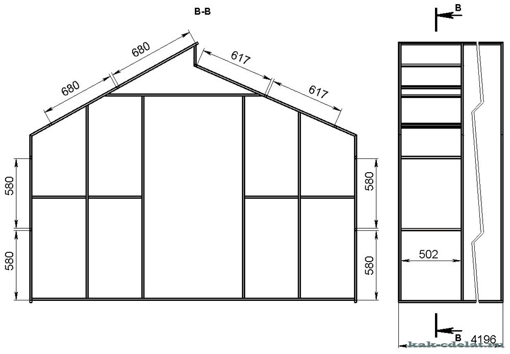 Чертеж теплицы с двухскатной крышей