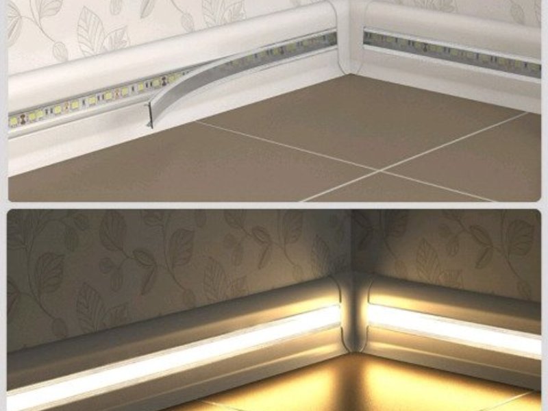 Выбор плинтуса с подсветкой для потолка или пола, фото варианты светящихся плинтусов, сравнение светильников, а также советы по монтажу светодиодов в молдинг