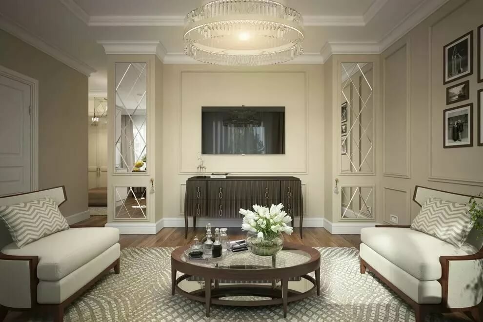 Гостиная в классическом стиле, интерьер красивой гостиной в современной классике, дизайн потолка