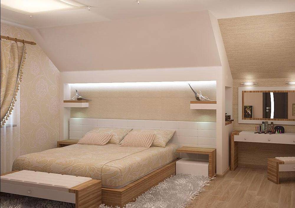 Спальня на мансарде: дизайн интерьера со скошенным потолком, мансардный этаж с кроватью в деревянном доме, обои в комнате на крыше