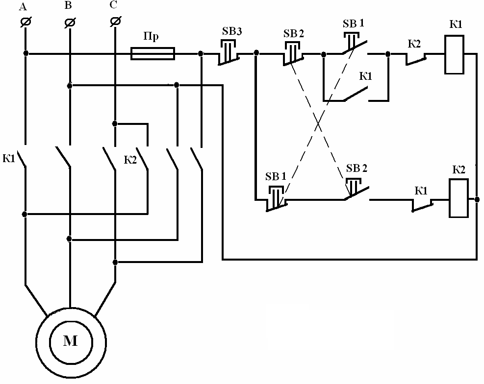 Схема реверсивного пускателя двигателя