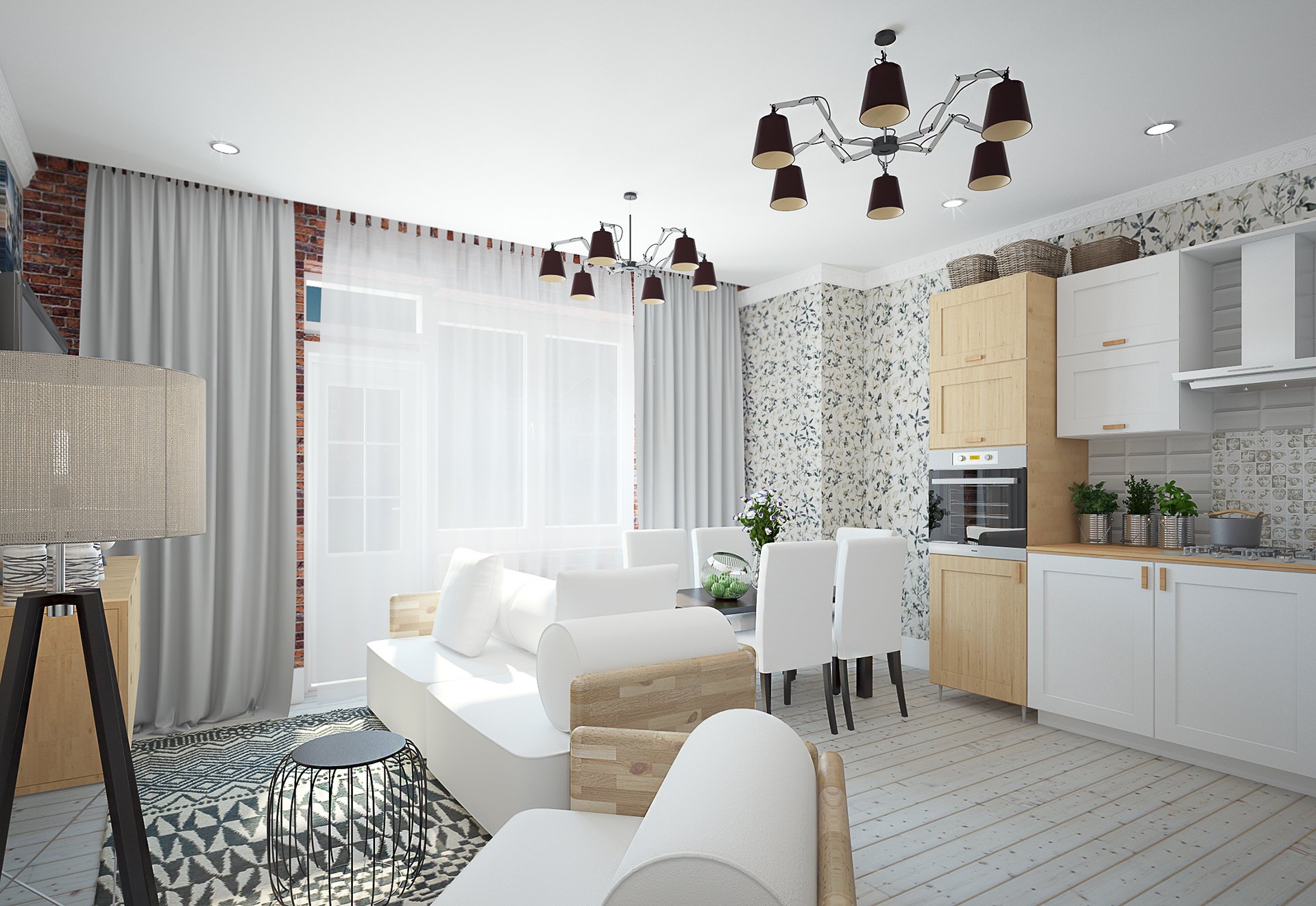 Кухня в скандинавском стиле - белый кухонный гарнитур в интерьере кухни гостиной, кухня в стиле сканди.