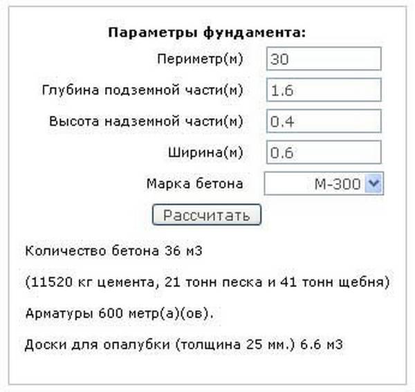 Калькулятор расчета раствора для ленточного фундамента