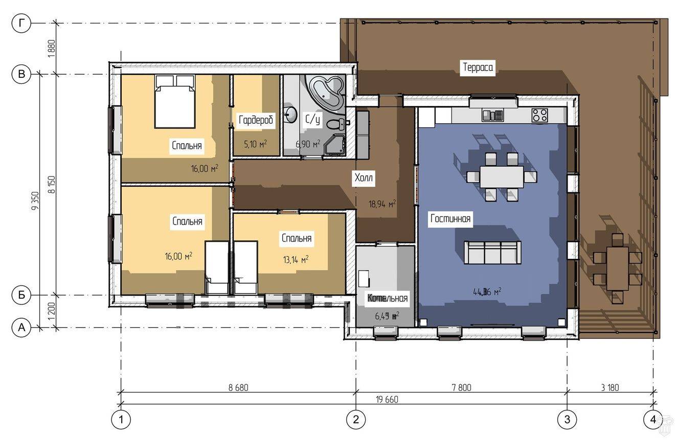планировка одноэтажного дома до 150 кв м с тремя спальнями