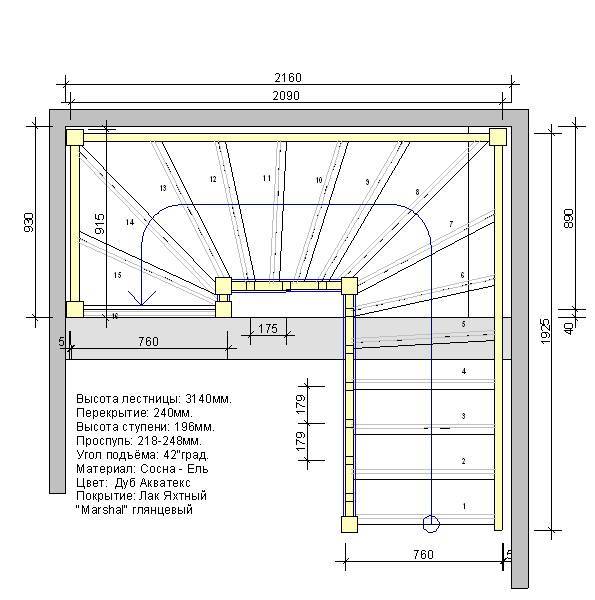 Чертеж лестницы с забежными ступенями на 180 градусов