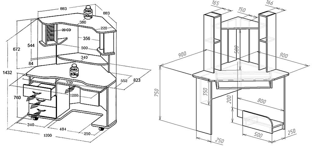 Чертеж стола углового компьютерного стола с