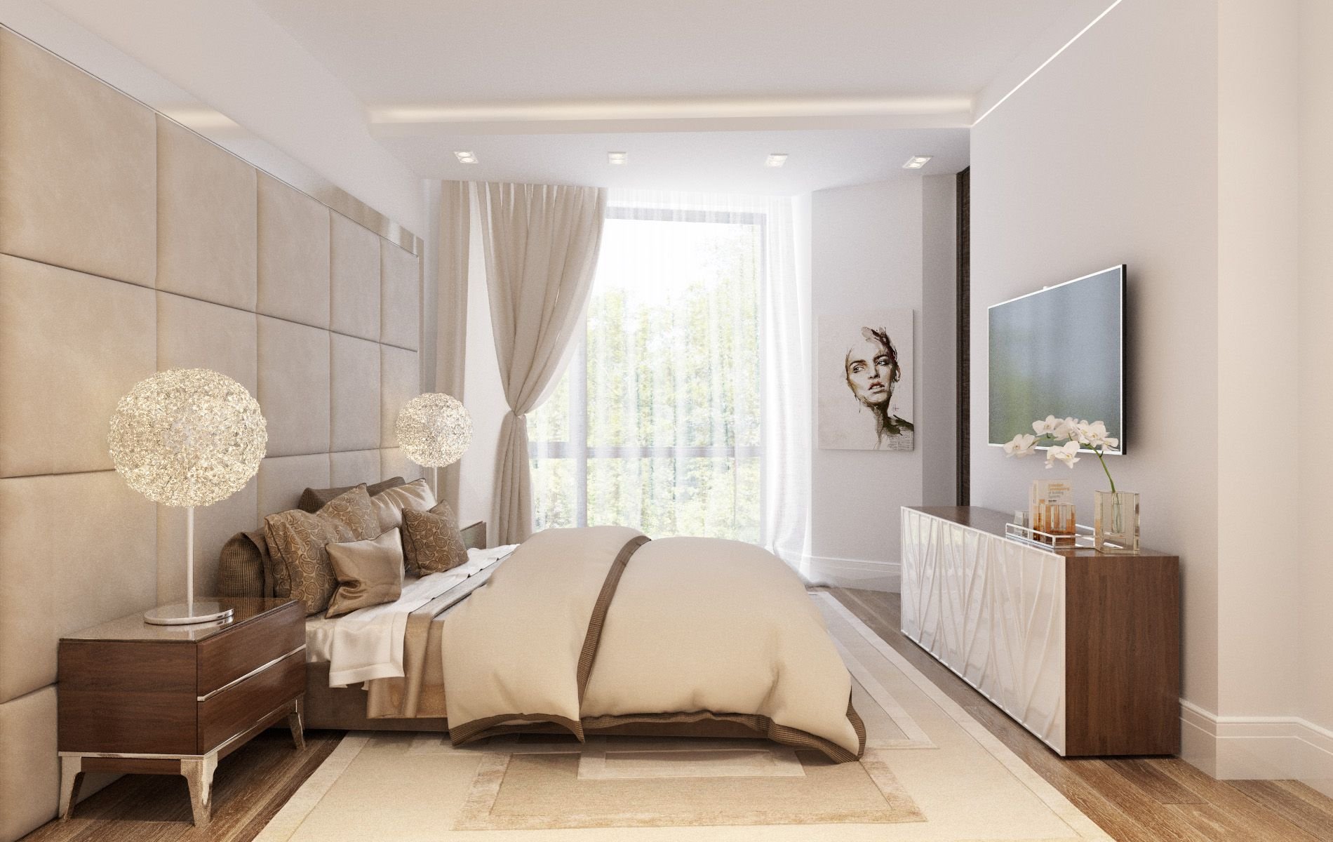 Спальня в бежевых тонах: интерьер с белой мебелью, сочетание цветов с яркими акцентами
 - 24 фото
