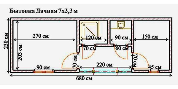 План бытовки с душем и туалетом 6х3